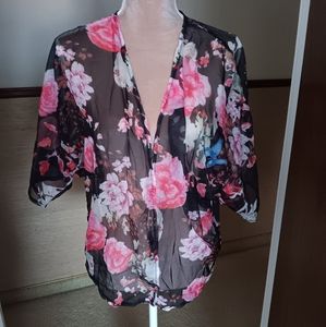 Zanzea ~ Black Pink Sheer Floral Chiffon Kimono – Lightweight Open Front